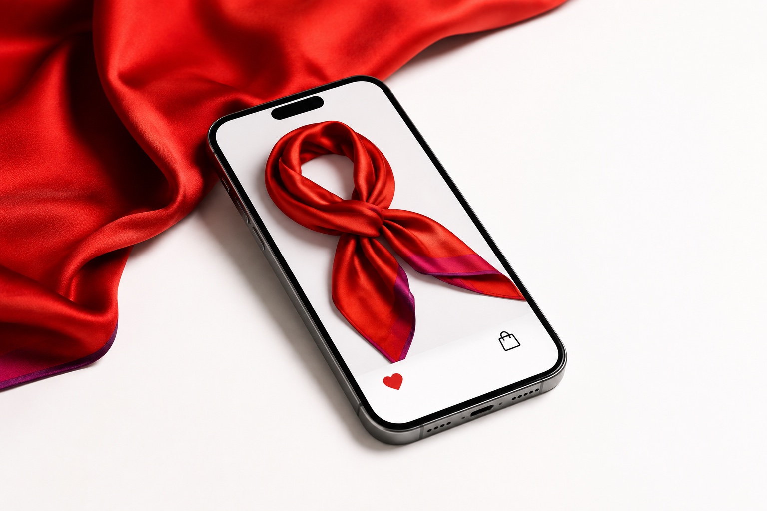 A red silk scarf pictured in a phone's shopping feed, beside the same fabric.
