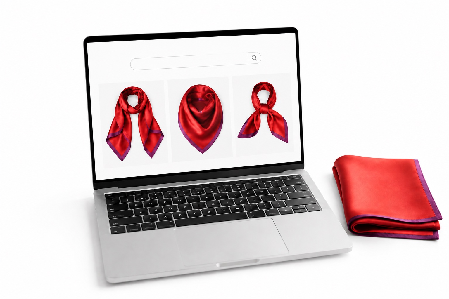 A laptop showing scarf search results, with a folded red scarf beside it.