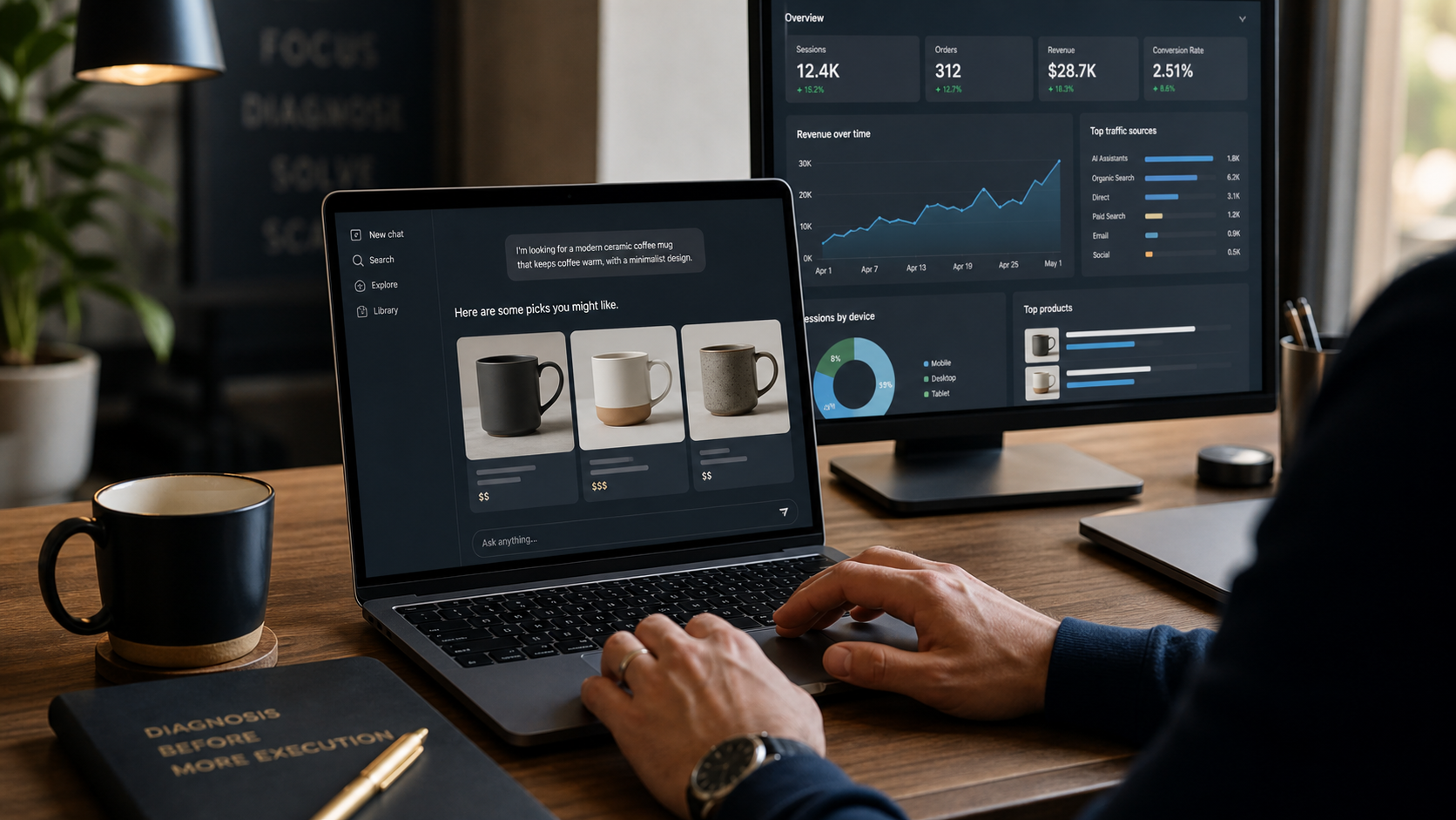 Editorial visual of an ecommerce operator viewing AI product recommendations on a laptop and analytics on a second screen.