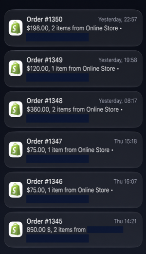 Redacted Shopify notifications for orders 1345 through 1350 totaling $1,678 across 9 items