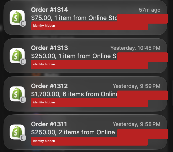 NDA-safe Shopify order notification proof with store identity redacted