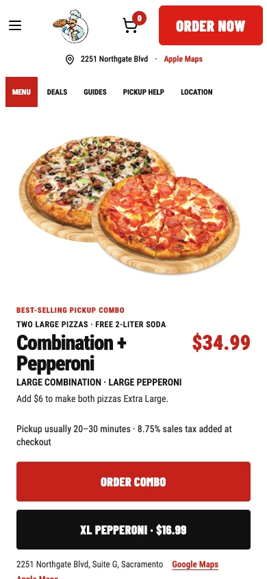 Actual Supreme Pizza mobile homepage with the same combo, price, pickup details and large order buttons.