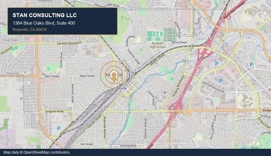 Map showing Stan Consulting LLC at 1364 Blue Oaks Blvd Suite 400, Roseville, California
