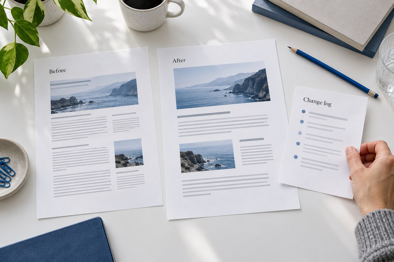 Editor comparing before and after article drafts beside a change log