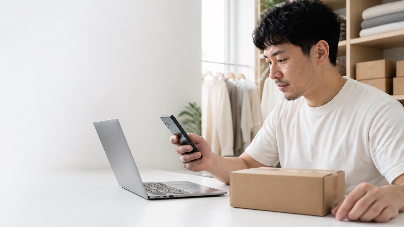 Illustration of a shop operator checking a phone beside a laptop and parcel.