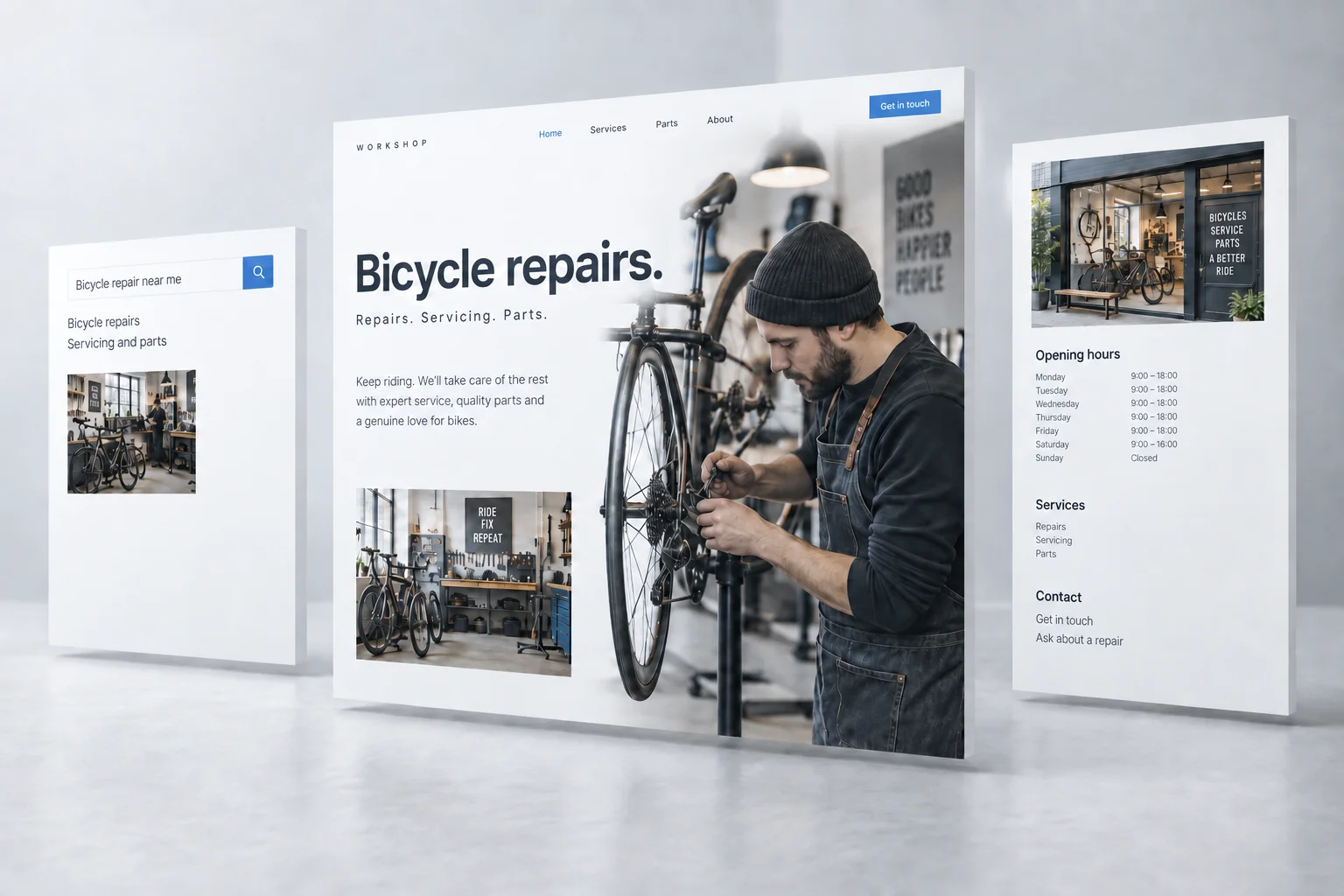 Illustrative bicycle workshop website with a search result and business information, shown as layered pages.