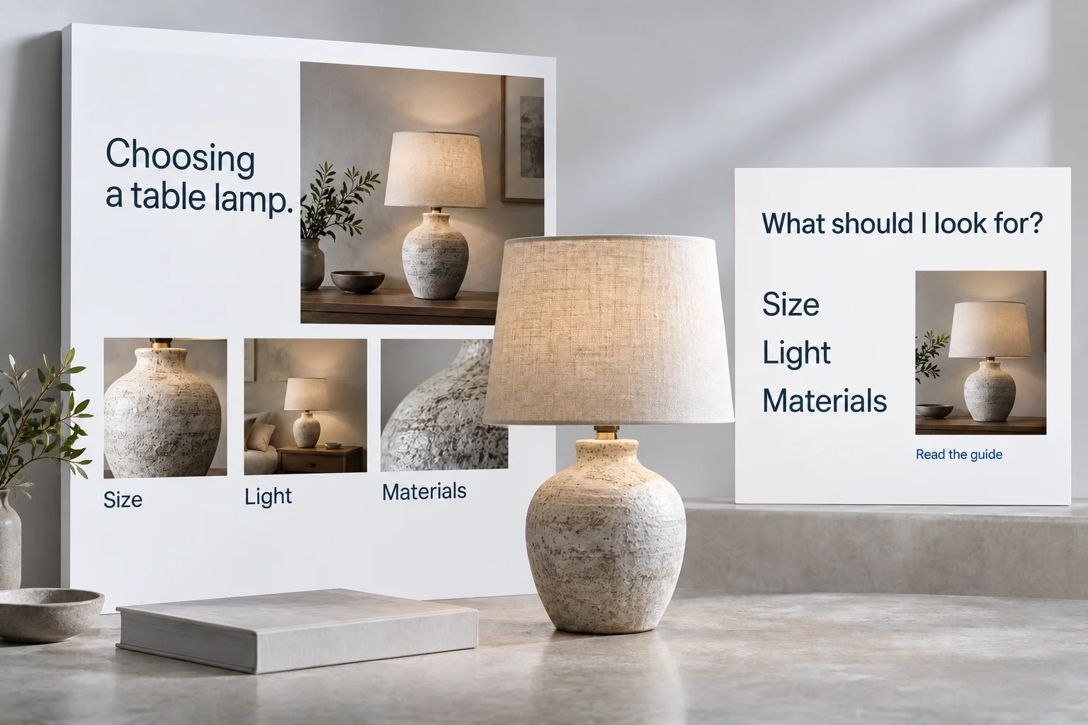 Illustrative lamp buying guide beside a question about size, light and materials.