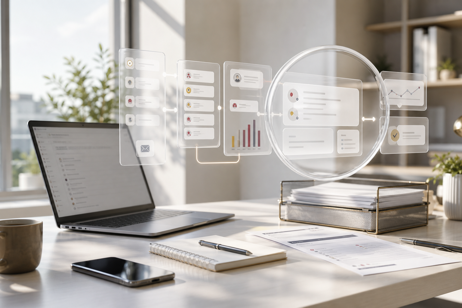 Liquid glass AI automation visual with CRM follow-up, reporting, and lead workflow objects on a real desk.