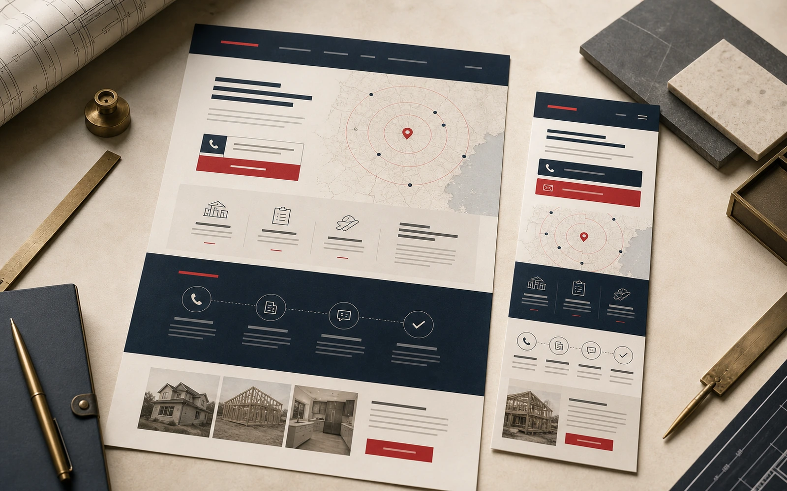 Contractor landing-page worktable with desktop and mobile page proofs, service-area details, calls, quotes, and follow-up