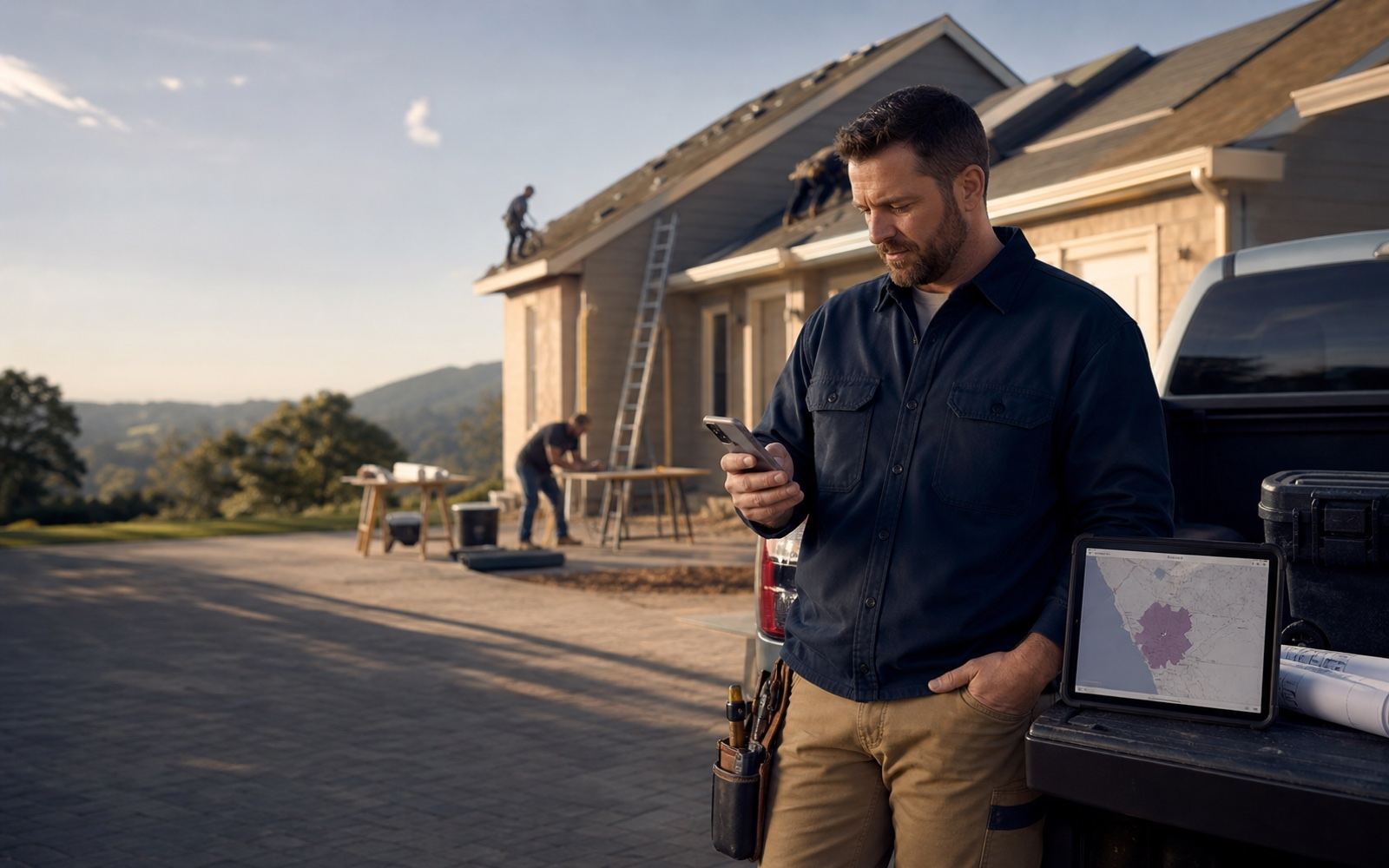 Contractor using a phone beside a work truck at a residential jobsite