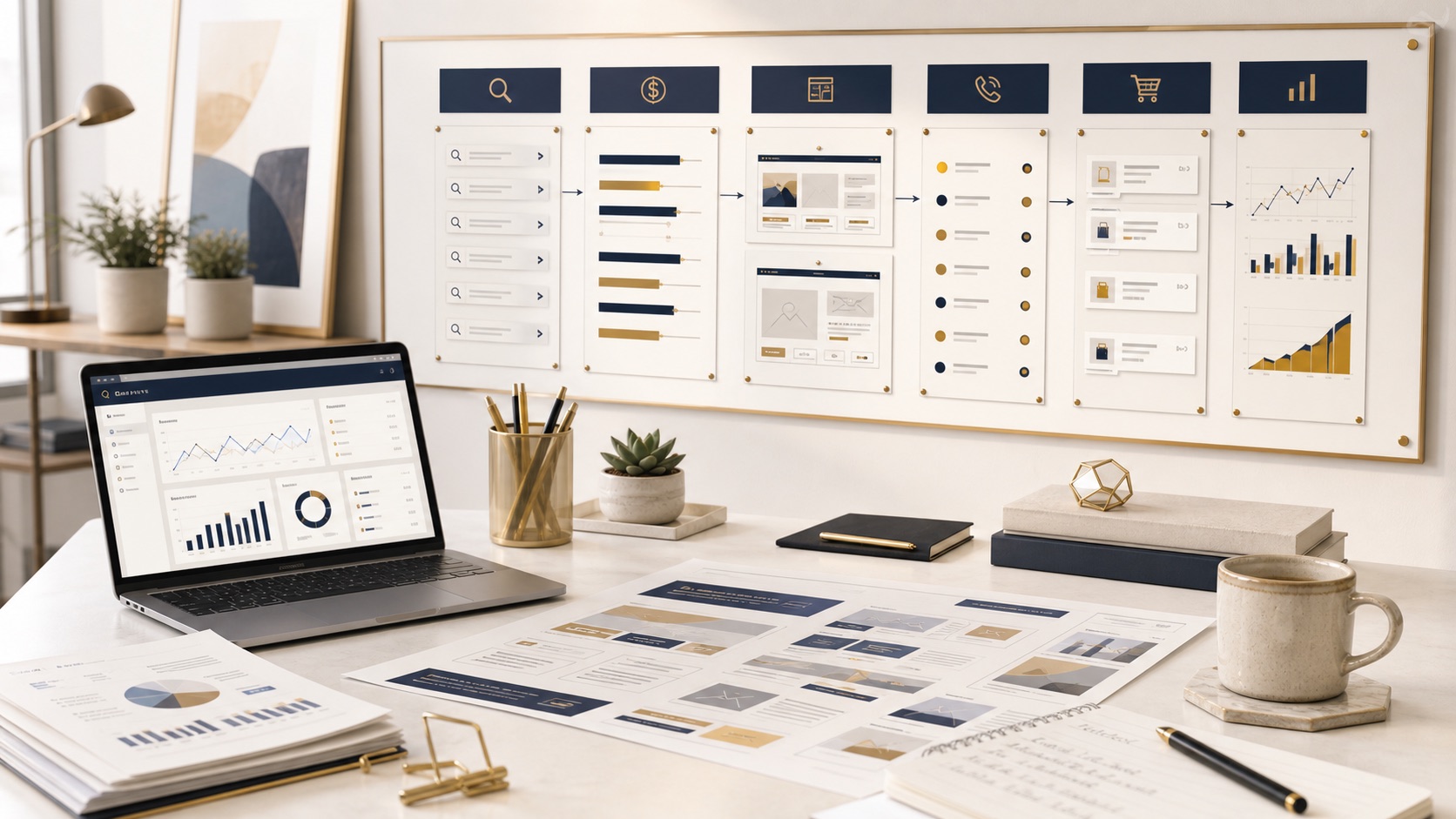Google Ads management view connecting campaigns, landing pages, calls, purchases, booked work, and revenue tracking