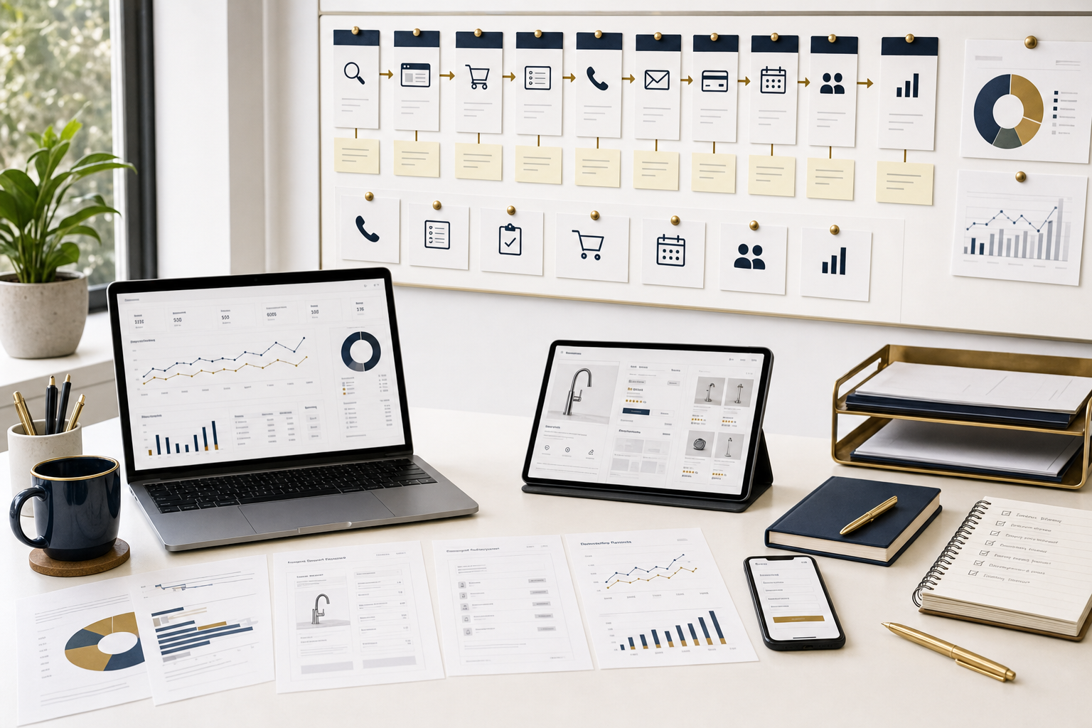 Marketing system workspace showing search, website, cart, call, form, booking, customer, reporting, and owner decision materials