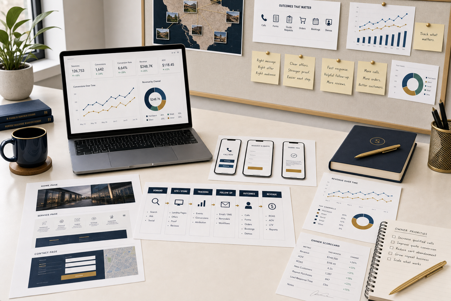 Marketing system owner materials showing analytics, website and store screens, follow-up notes, revenue reports, and decision context