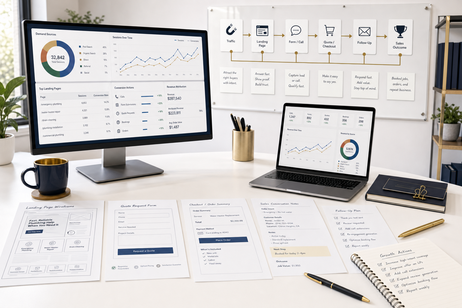 Revenue handoff command board showing traffic, pages, forms, calls, checkout, follow-up, and sales outcomes