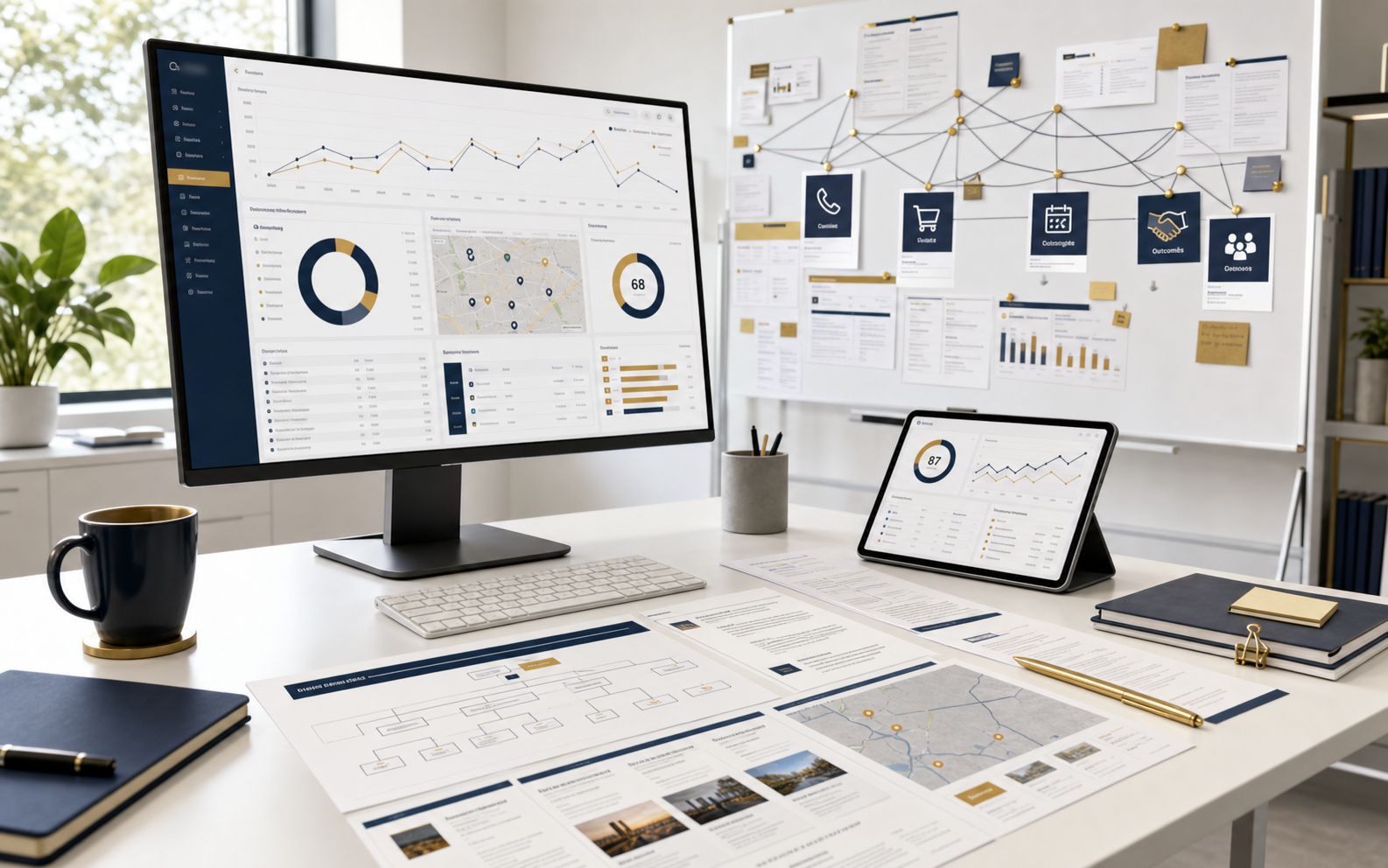 SEO and AI visibility workspace showing buyer searches, page evidence, AI answer readiness, service facts, and conversion actions