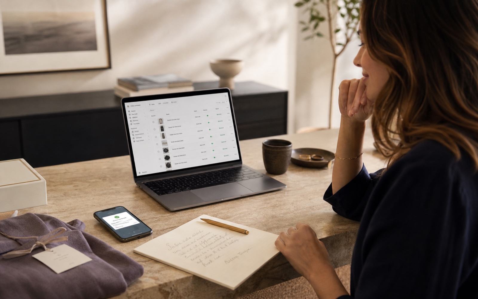Shopify store operator at a desk with an ecommerce order dashboard and order notification