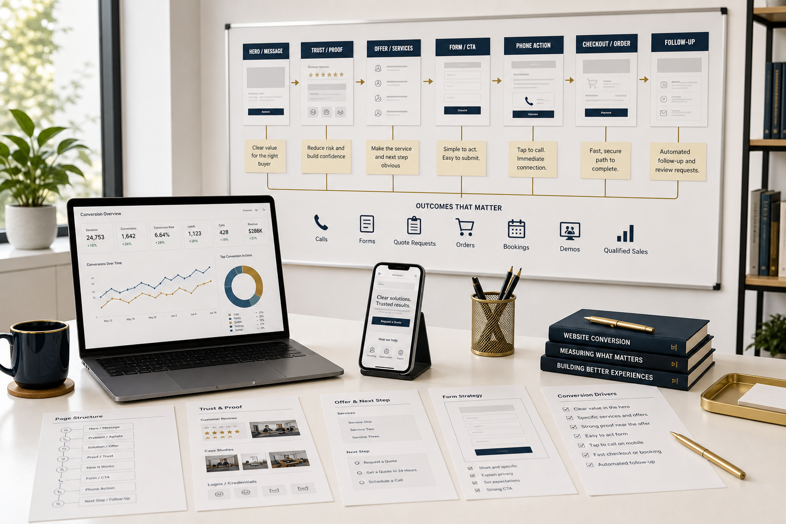 Website conversion command board showing message, trust, offer, form, phone action, checkout or order, follow-up, calls, forms, quote requests, bookings, demos, and qualified sales
