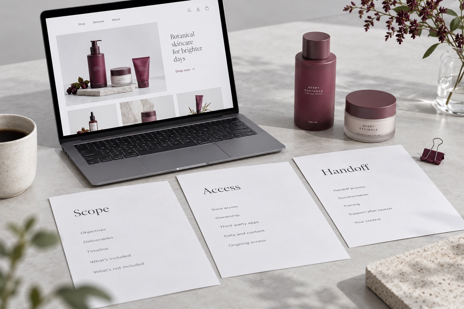 Illustrative ecommerce workspace with a storefront, product samples and scope, access and handoff documents.