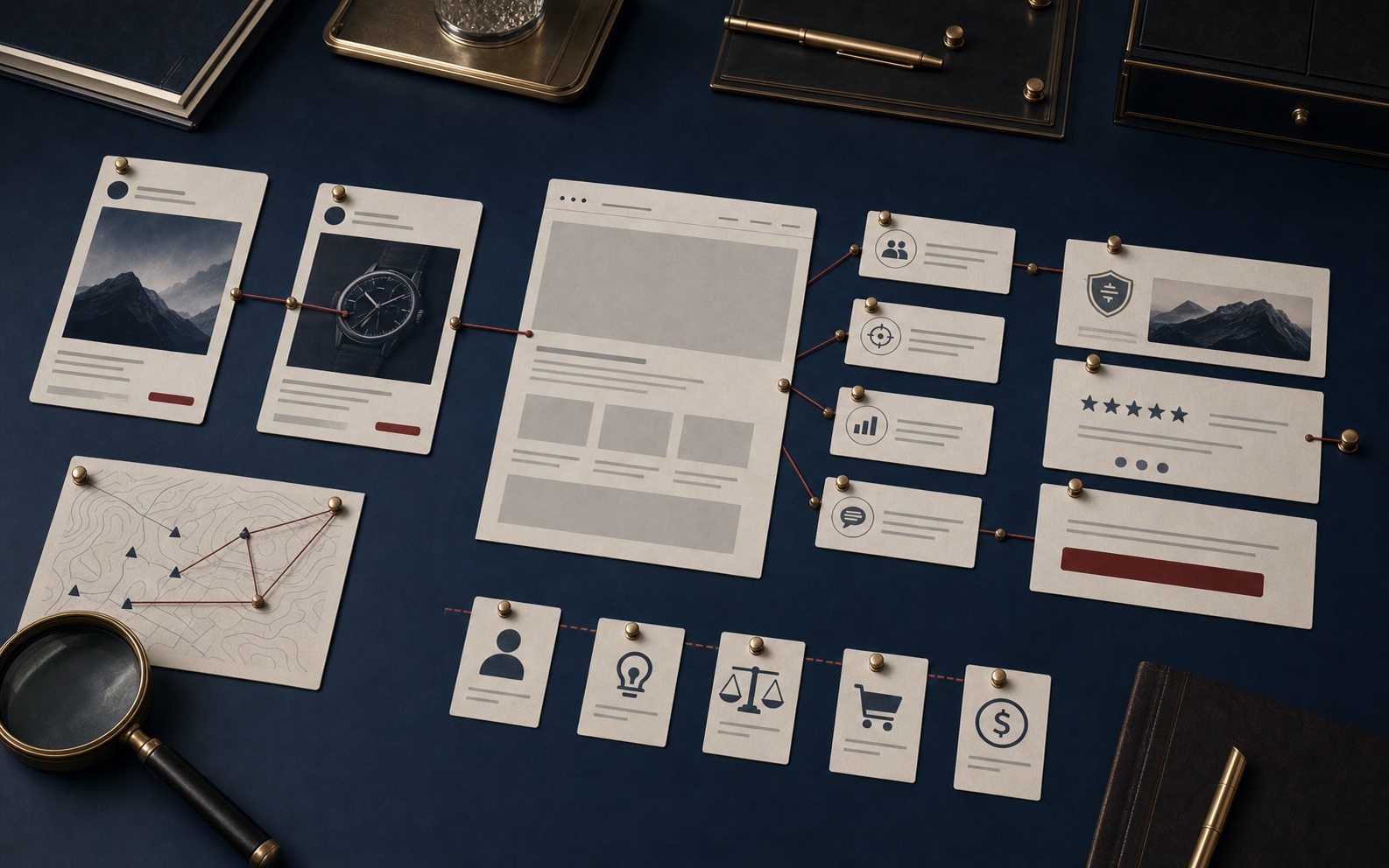 Premium diagnostic board showing abstract ad cards, a blank landing page, audience signals, and a message spine connecting creative to proof