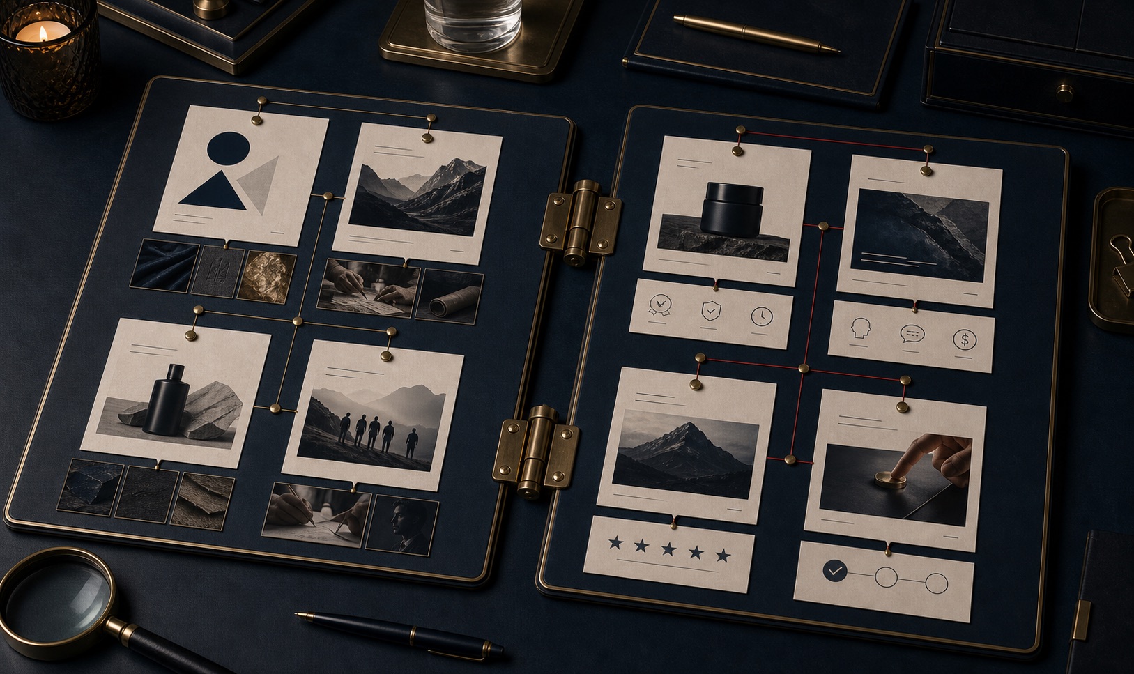 Premium diagnostic board comparing brand story identity cards with sales copy offer and proof sequence cards