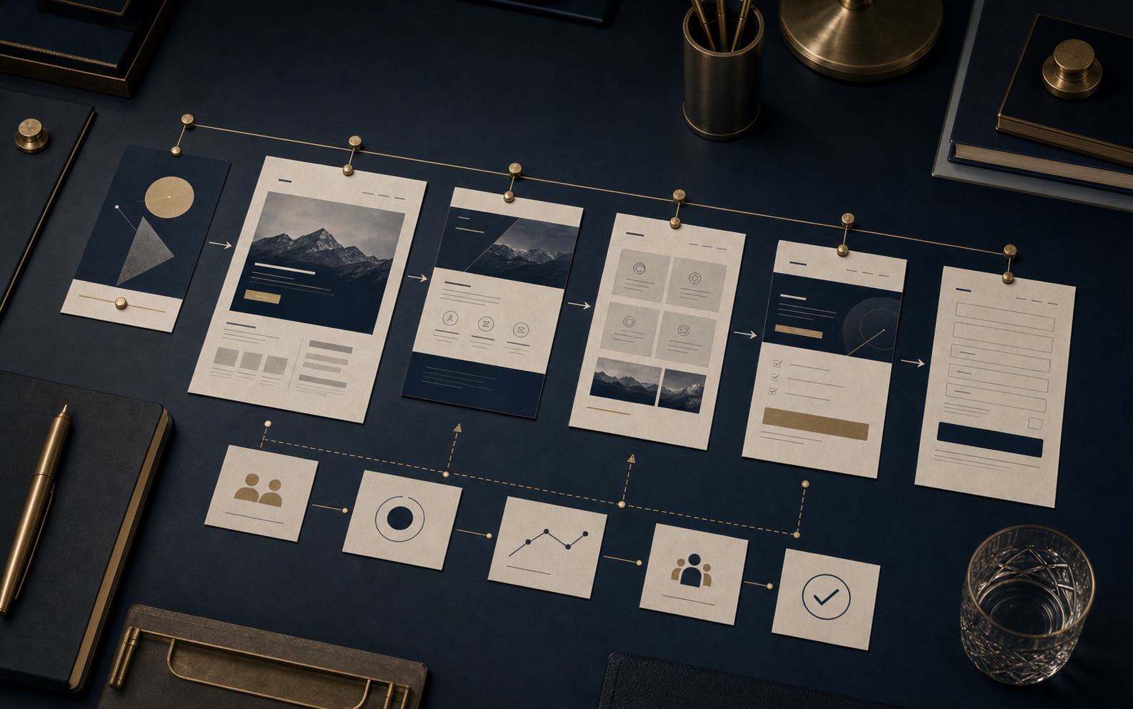 Premium diagnostic board showing ad promise, landing page first screen, proof panel, offer panel, and CTA path connected in sequence