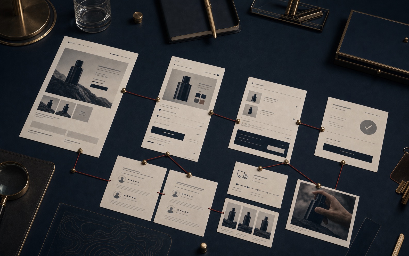 Premium diagnostic board showing Shopify product detail page cards, cart trust elements, reviews, and product story path