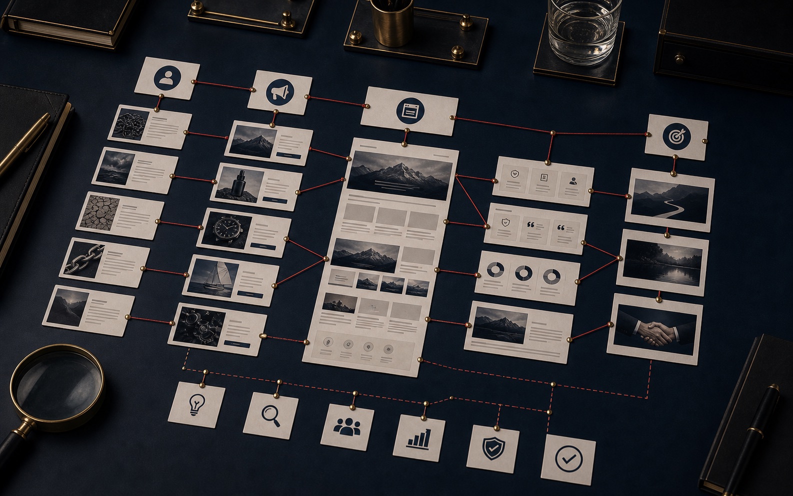 Premium diagnostic board showing buyer problem cards, ad promise cards, landing page proof cards, and service route cards in an authority graph