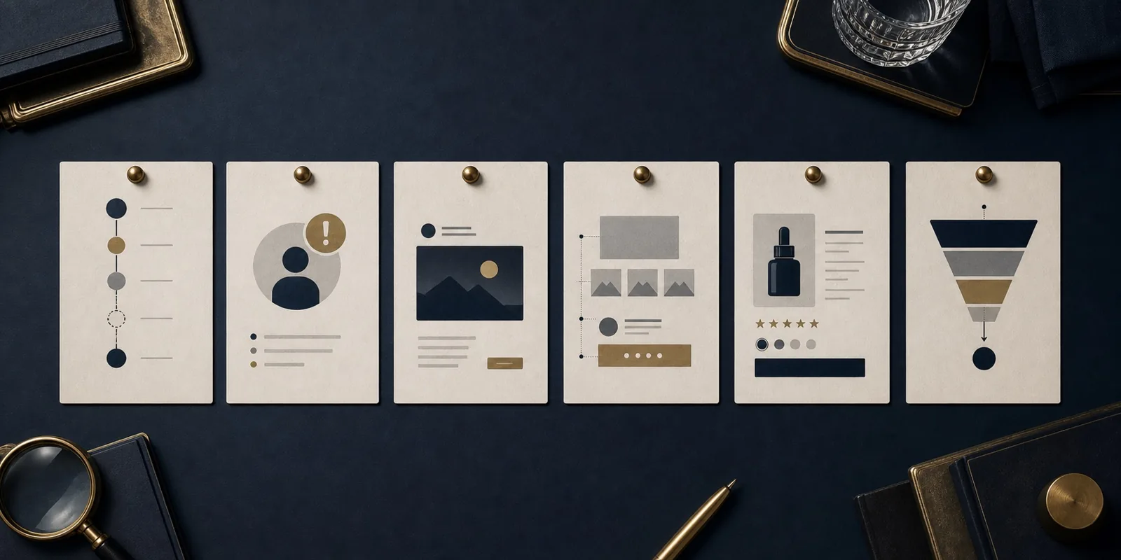 Premium icon sheet showing a story spine, buyer problem, ad promise, proof placement, Shopify product story, and funnel CTA path