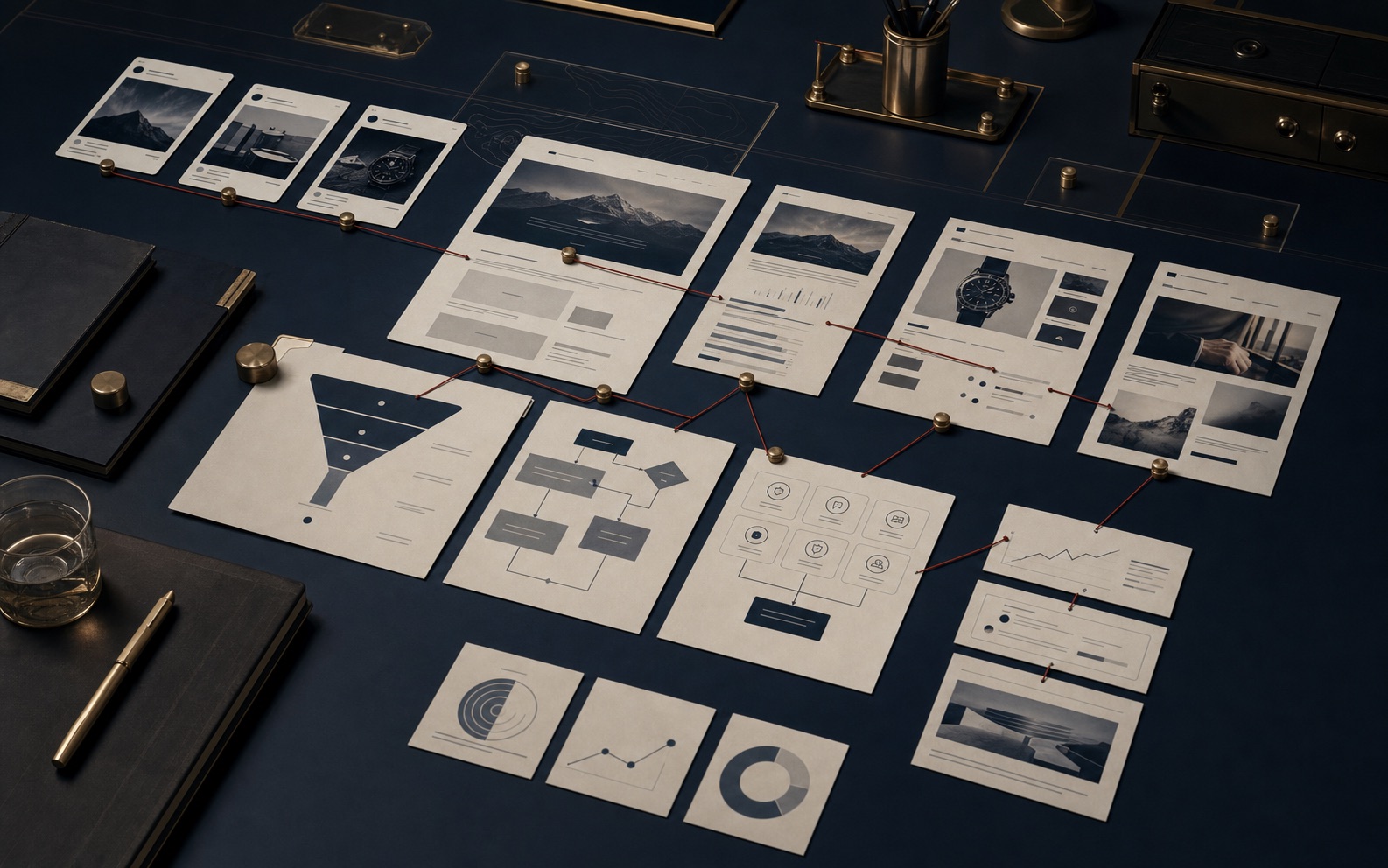 Premium diagnostic board showing ad cards, landing pages, funnel notes, and a buyer story spine connected by red thread