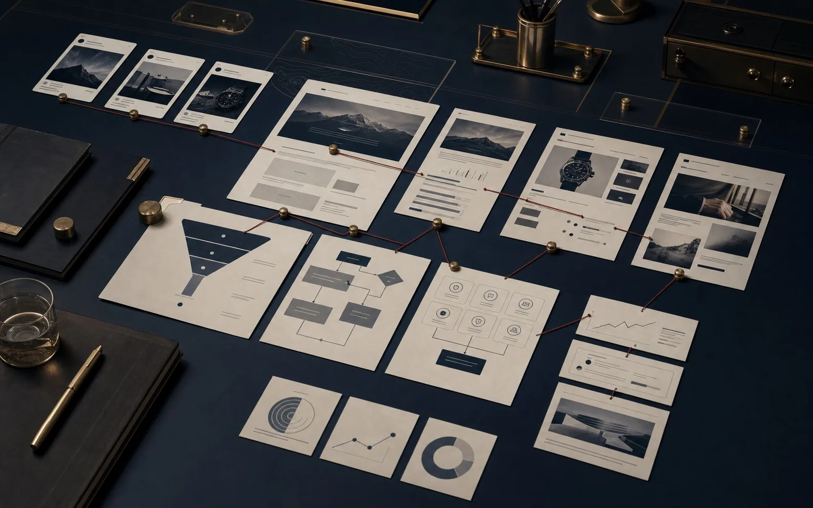 Premium marketing audit board showing ad cards, landing pages, funnel notes, and a buyer story spine connected by red thread