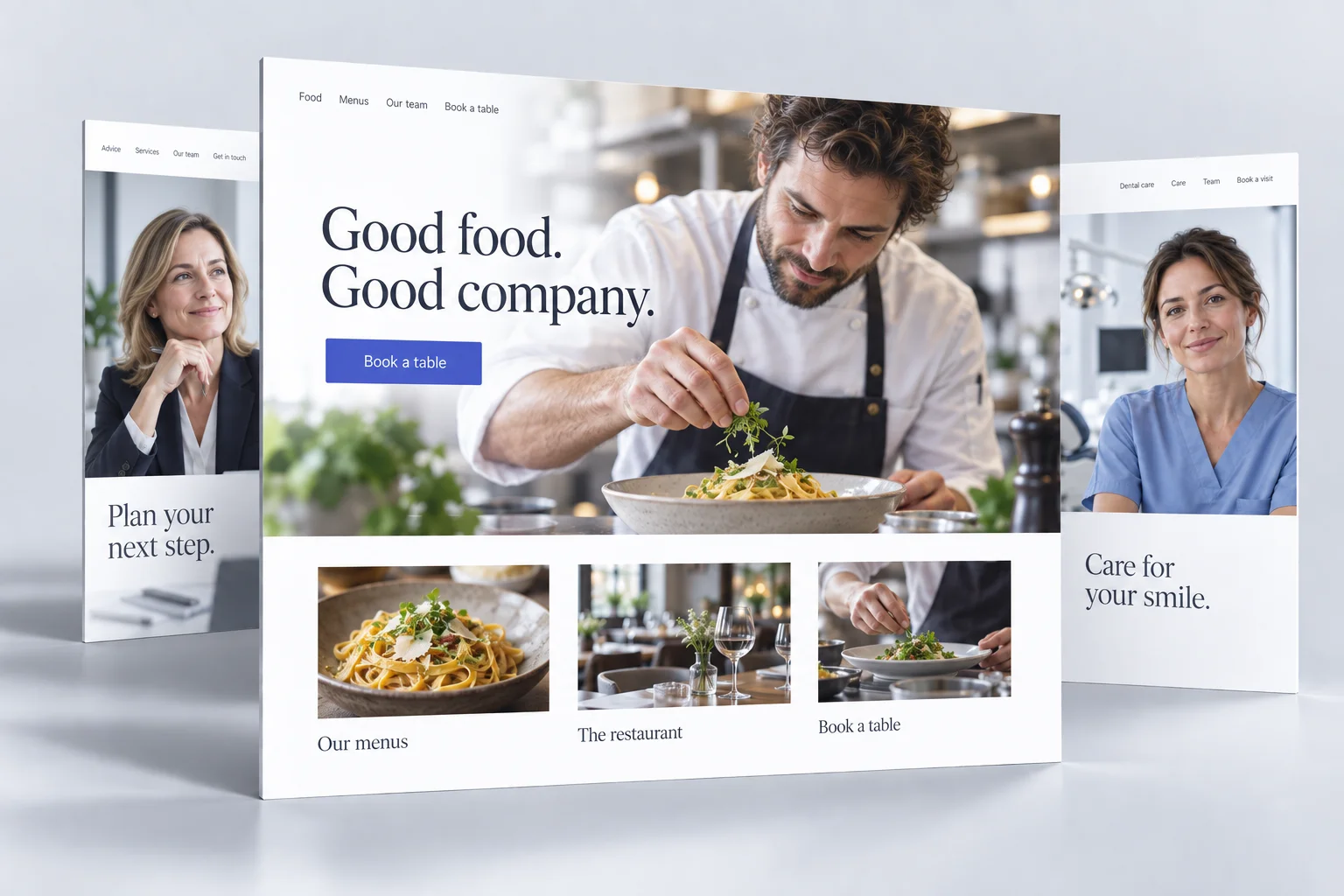 Illustrative layered websites for a restaurant, a financial adviser and a dental practice.