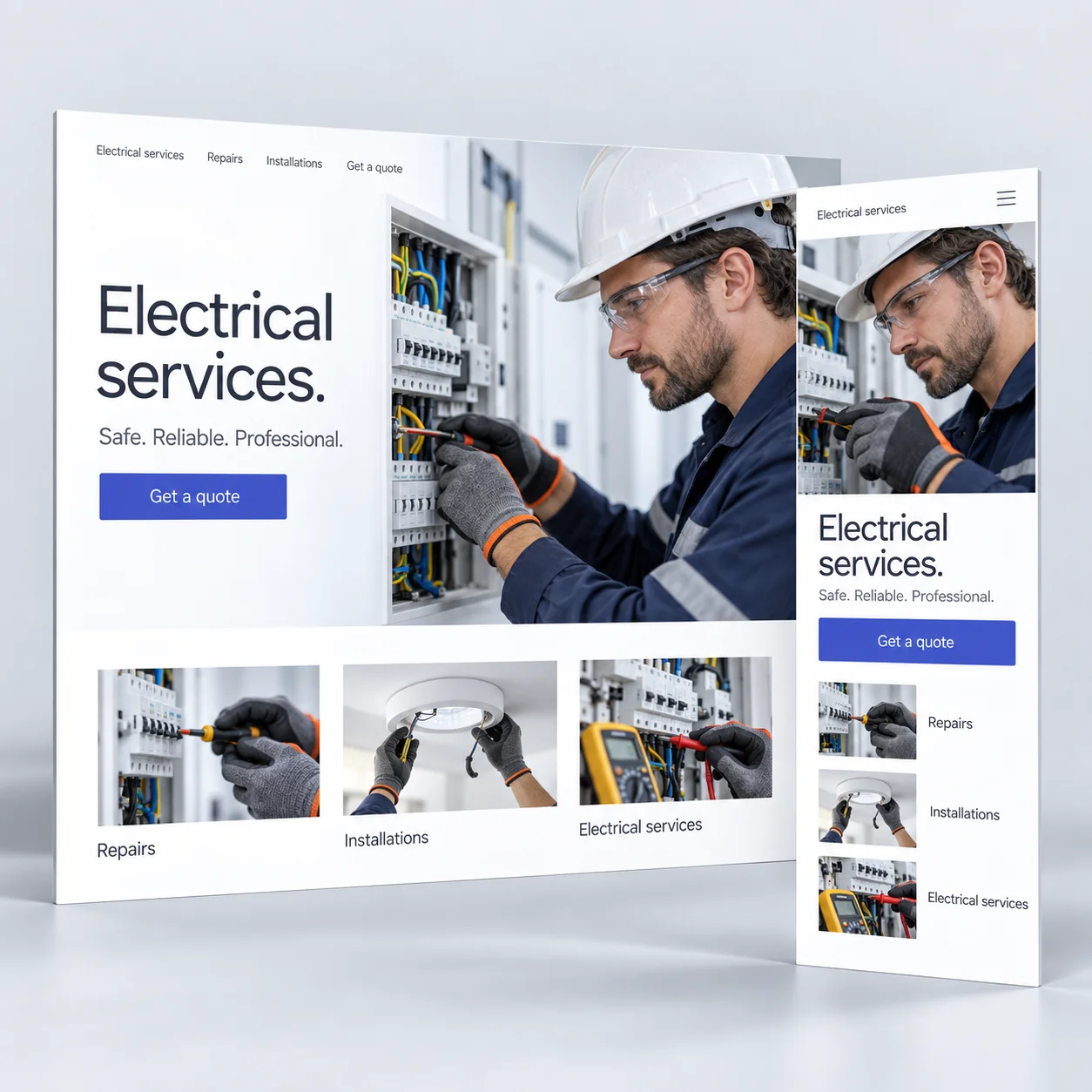 Illustrative electrical services website with desktop and mobile layouts showing the same services and quote action.