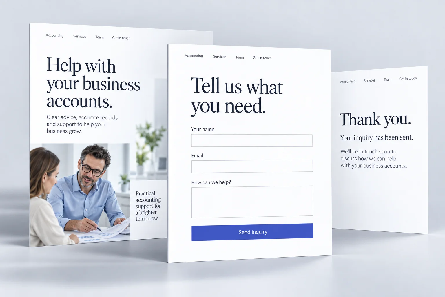 Illustrative accounting website, short inquiry form and confirmation page shown as layered sheets.