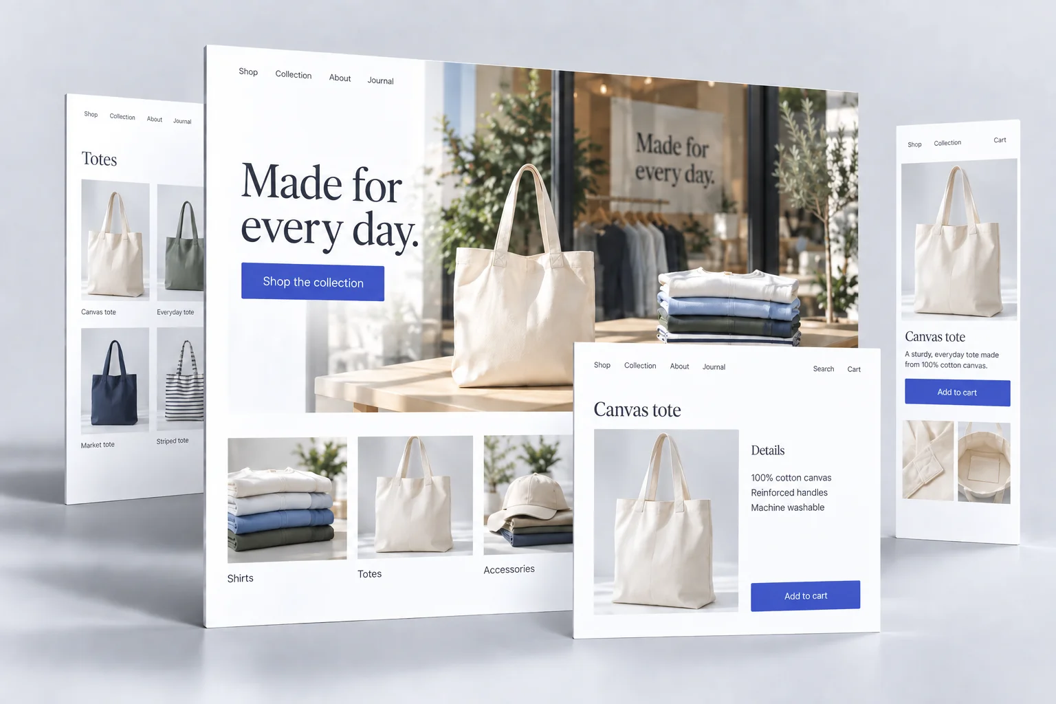 Illustrative online store with a collection, product details and a mobile Add to cart action.