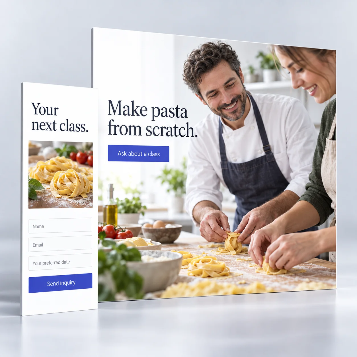 Illustrative pasta class landing page and mobile inquiry form with matching class offer.