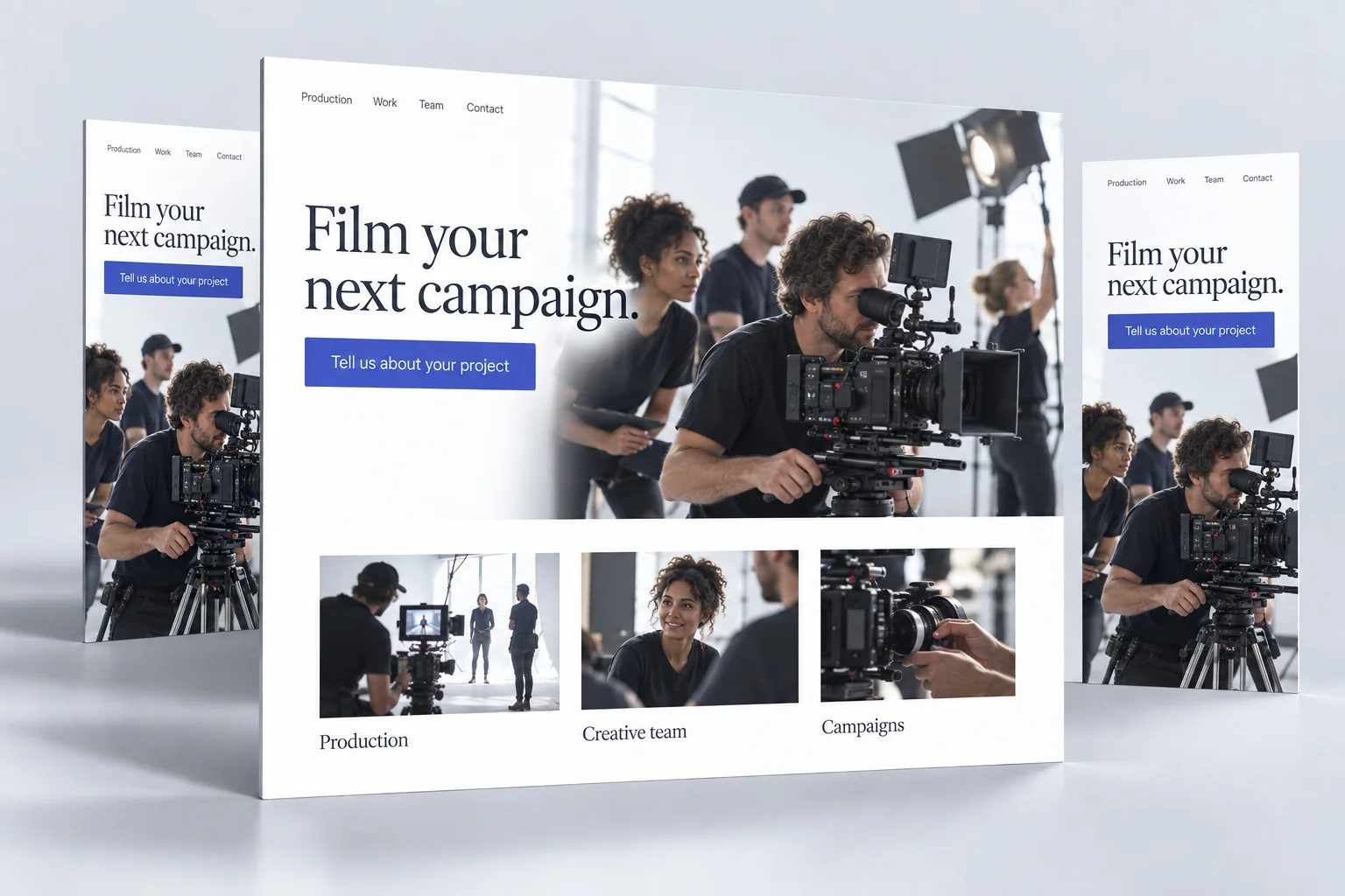 Illustrative film production campaign and landing page with matching offer, imagery and project inquiry action.