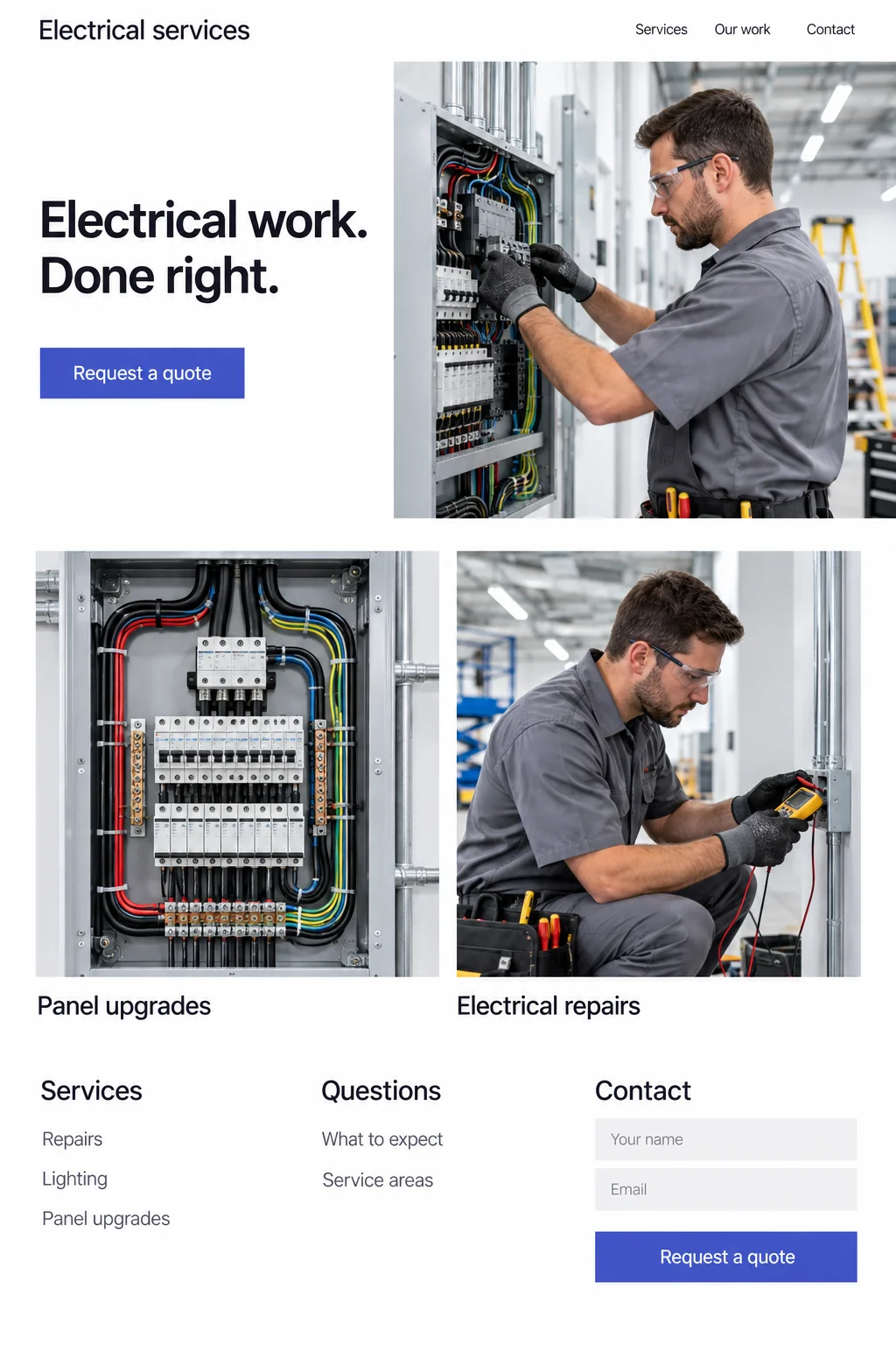 Illustrative electrician website with service photographs, project details and a quote form.