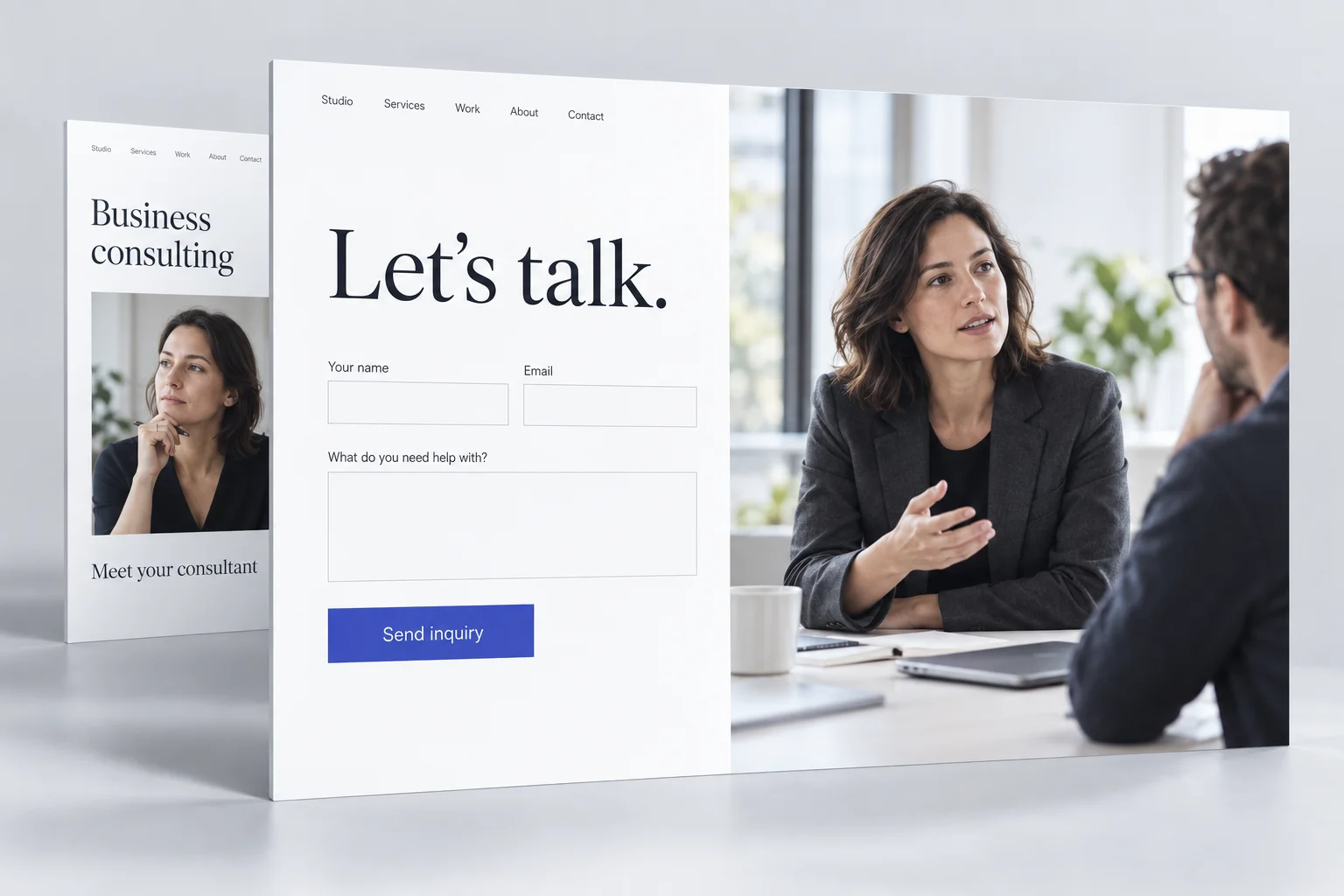 Illustrative consulting website with a short inquiry form beside a professional conversation, and a separate profile page.