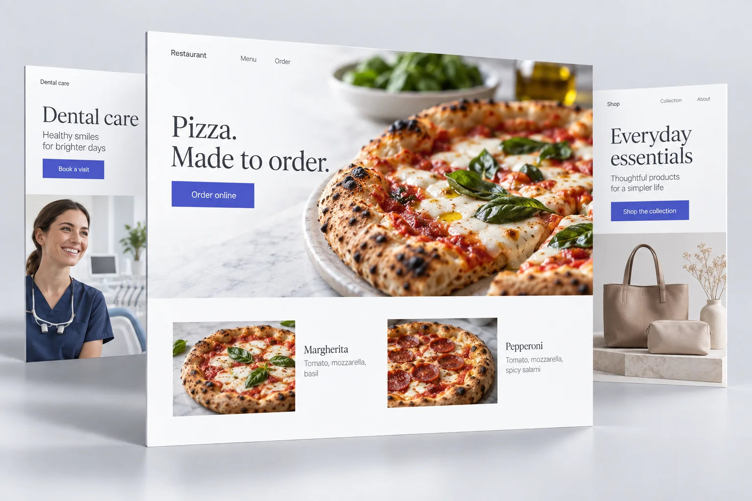 Illustrative website designs for a restaurant, dental practice and online store.