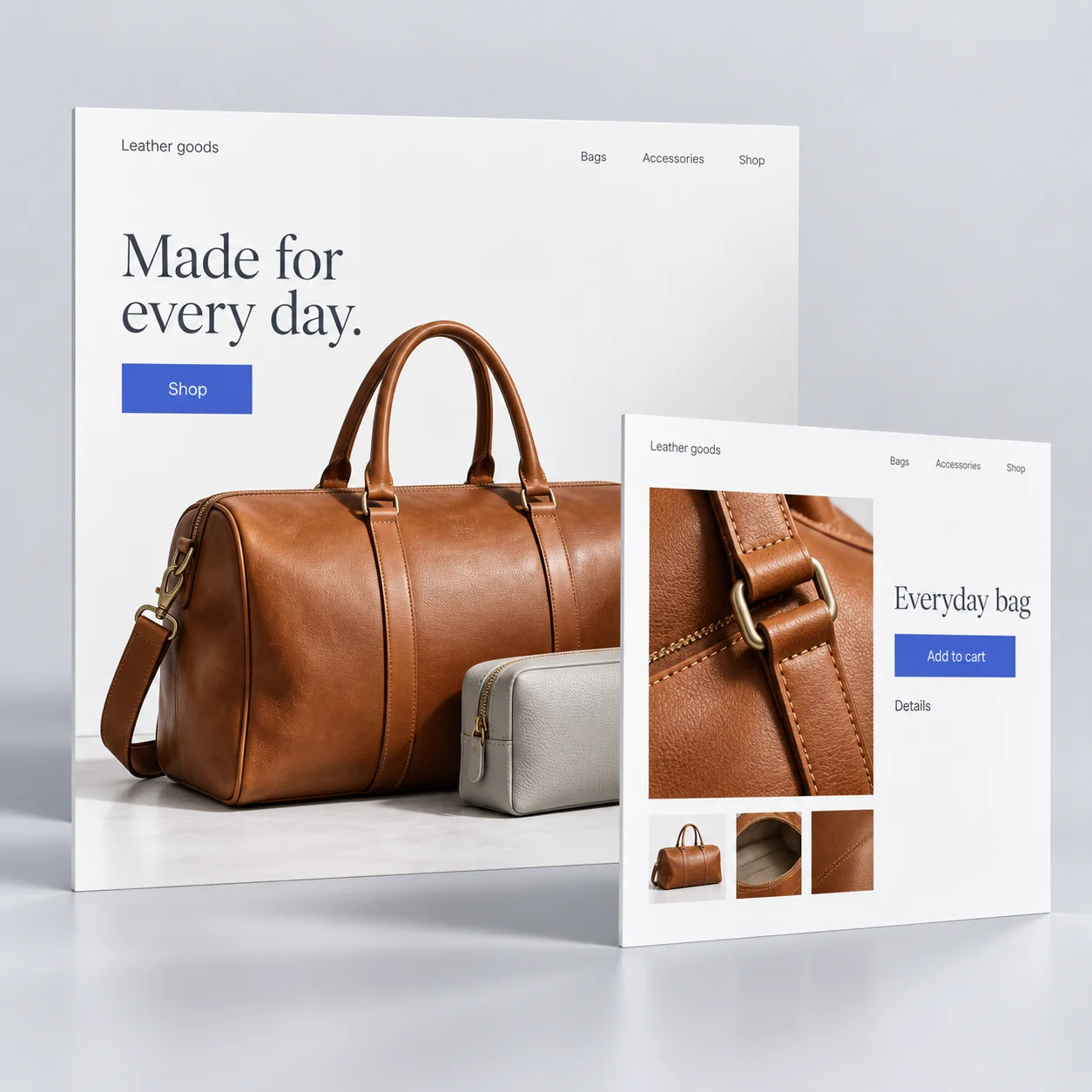 Illustrative online store with a bag collection and an enlarged product page showing details and Add to cart.