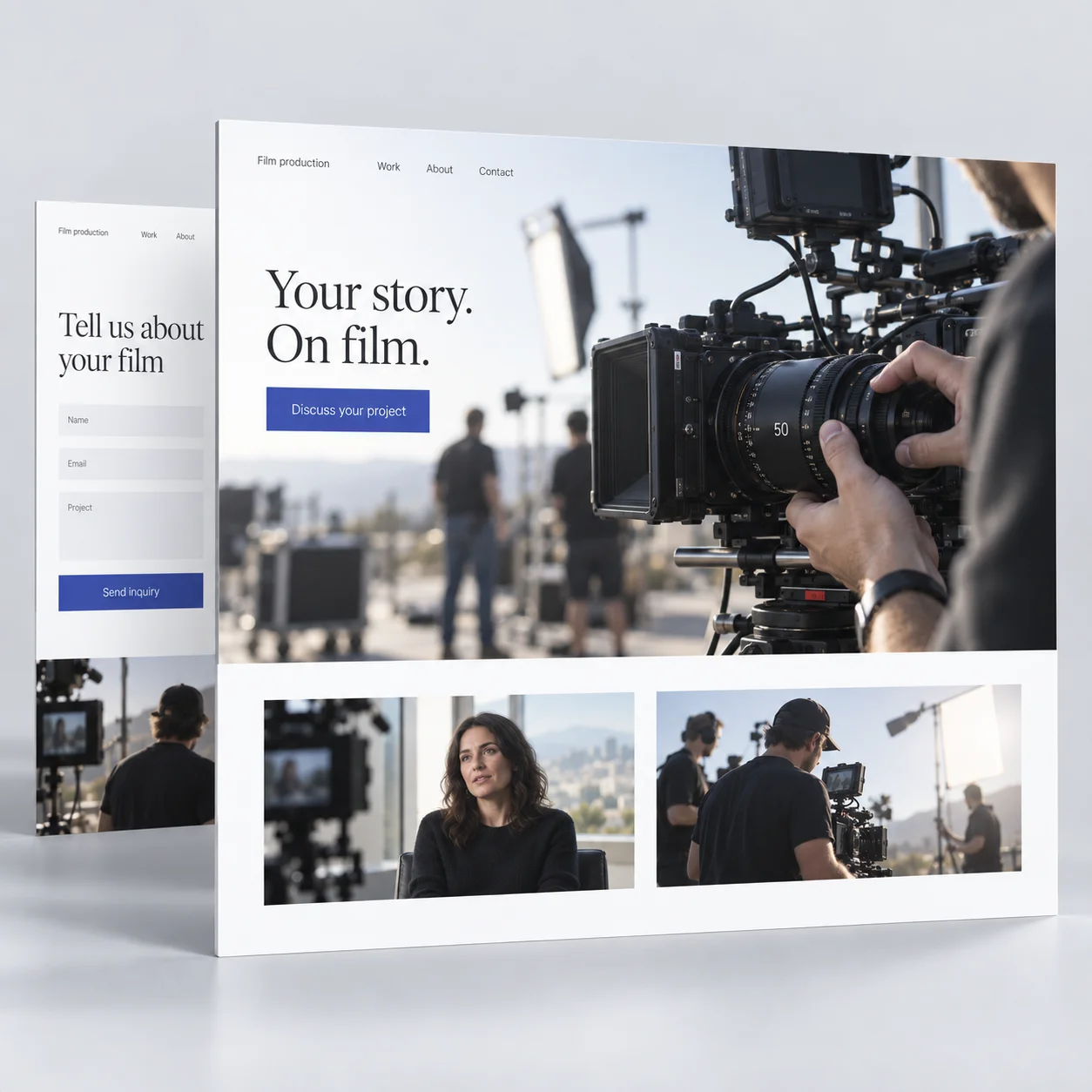 Illustrative film-production landing page with camera and crew photographs and a project inquiry page.