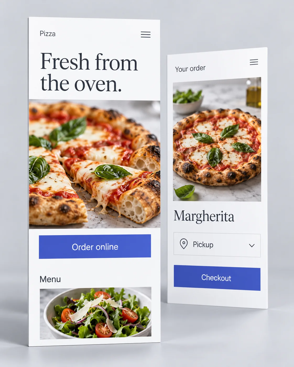 Illustrative mobile restaurant pages showing a pizza menu, an Order online button and a pickup checkout.