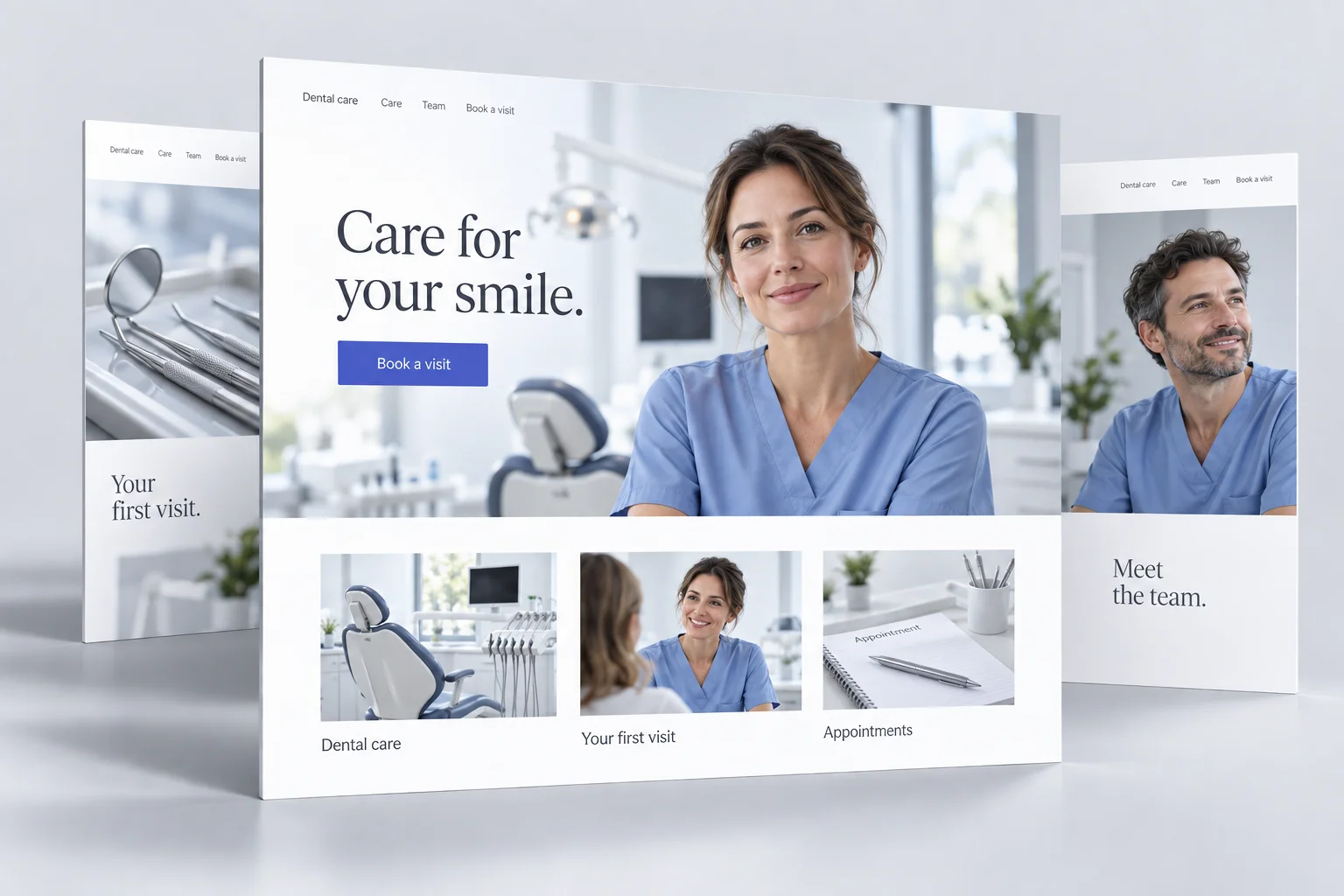 Illustrative dental website shown as layered pages for care, the team and booking a visit.